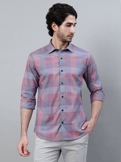 cantabil men checkered casual purple shirt