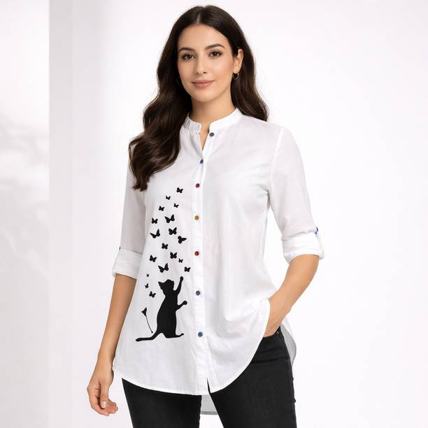 Women Relaxed Fit Fit Printed, Graphic Print, Floral Print Mandarin Collar Casual Shirt