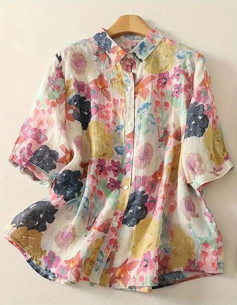 Women Regular Fit Floral Print Wingtip Collar Casual Shirt