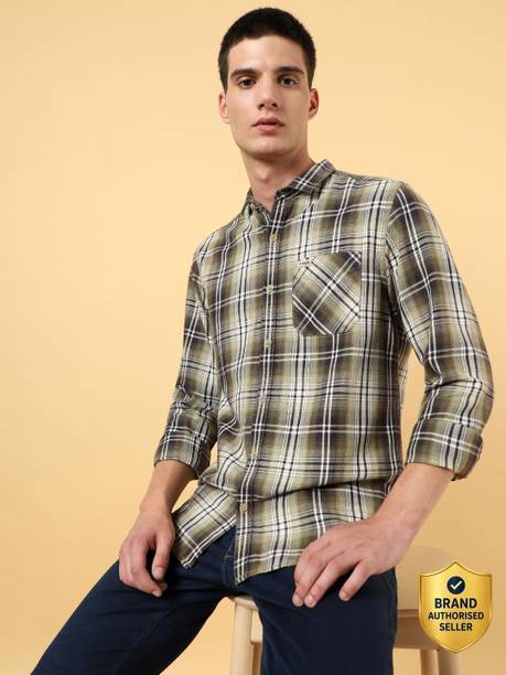 Wrangler Men Checkered Casual Brown, Beige Shirt