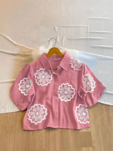 Women Relaxed Fit Fit Embroidered Button Down Collar Casual Shirt