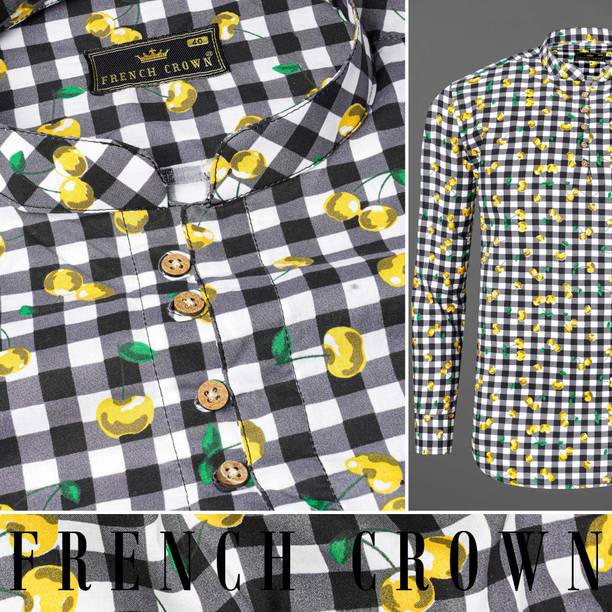 Men Regular Fit Checkered, Printed Mandarin Collar Casual Shirt