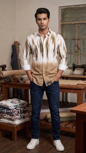 Men Regular Fit Dyed/Ombre, Printed Spread Collar Party Shirt