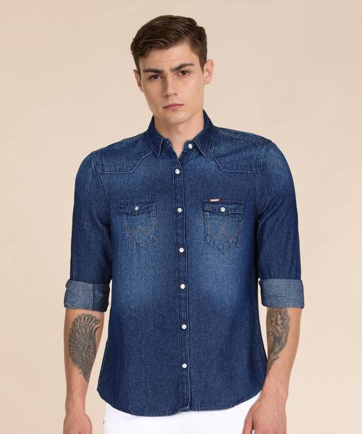 Wrangler Men Solid Casual Blue Shirt