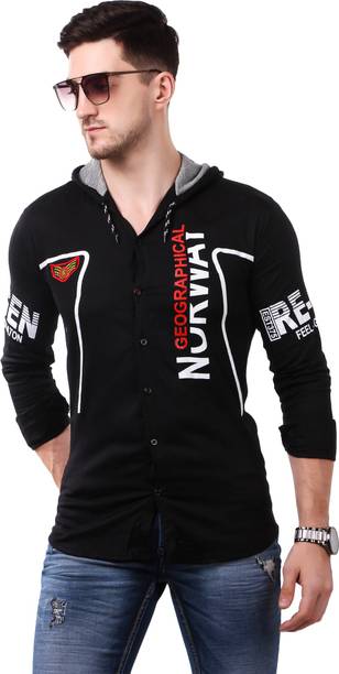 Men Slim Fit Graphic Print Ribbed Collar Casual Shirt