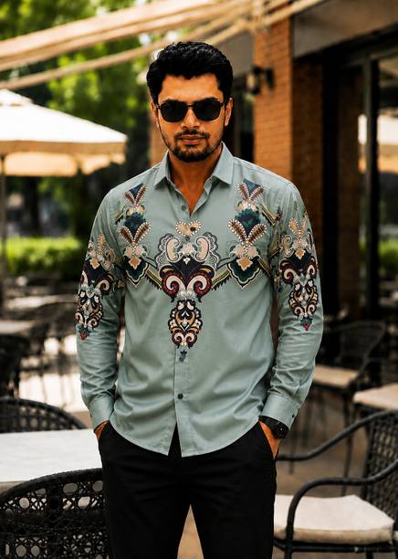 Men Regular Fit Ethnic Motifs Cut Away Collar Party Shirt