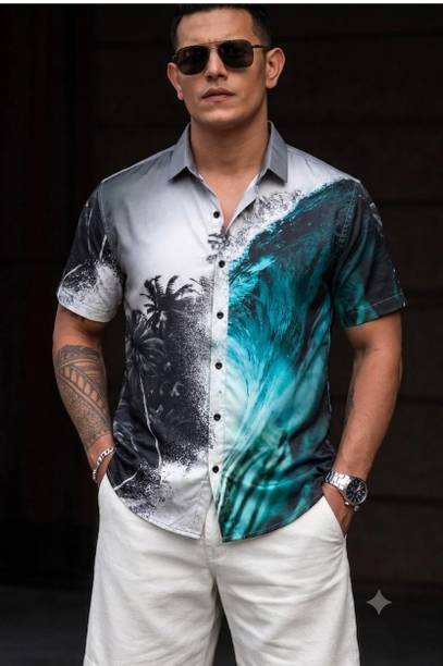 Men Relaxed Fit Fit Printed, Striped Spread Collar Beach Wear Shirt