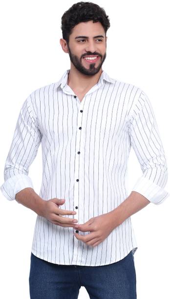 Men Regular Fit Striped Curved Collar Casual Shirt