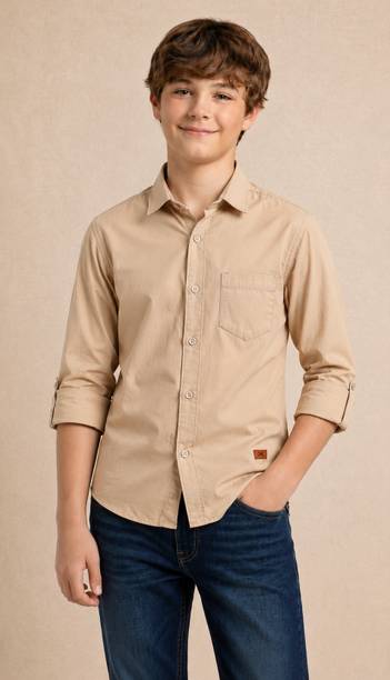 Boys Regular Fit Solid Spread Collar Casual Shirt