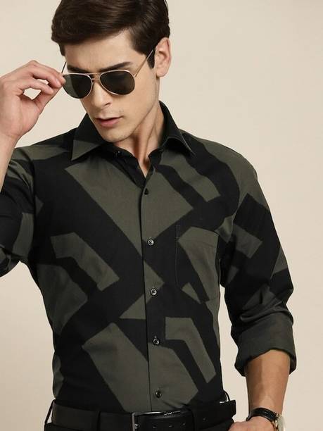 Hancock Men Printed Casual Dark Green, Black Shirt