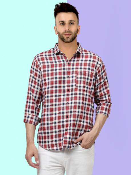 Men Regular Fit Checkered Button Down Collar Casual Shirt Price in India