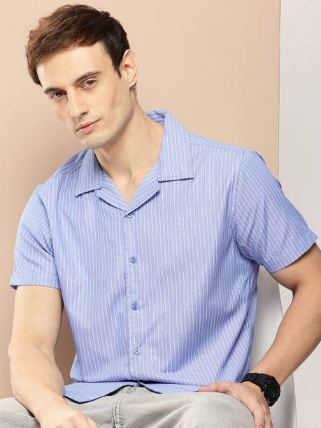 encore by INVICTUS Men Striped Casual Blue Shirt