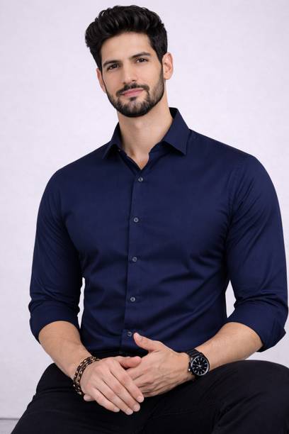 Rafson Men Regular Fit Solid Spread Collar Formal Shirt - Dark Blue