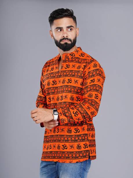 Printed Cotton Blend Straight Kurta for Men