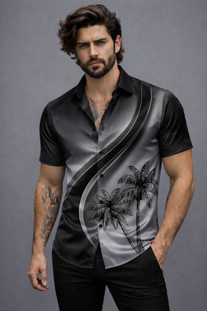 Men Slim Fit Graphic Print, Printed Spread Collar Casual Shirt