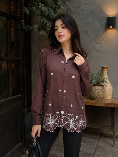 Women Regular Fit Embroidered Spread Collar Casual Shirt