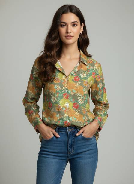Women Regular Fit Floral Print Spread Collar Casual Shirt