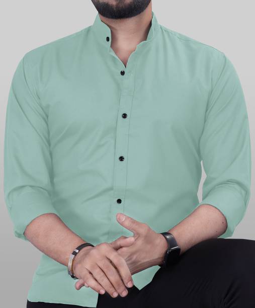 Men Regular Fit Solid Mandarin Collar Casual Shirt Price in India