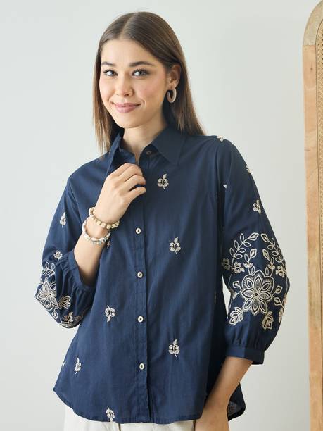 Women Regular Fit Self Design Spread Collar Casual Shirt