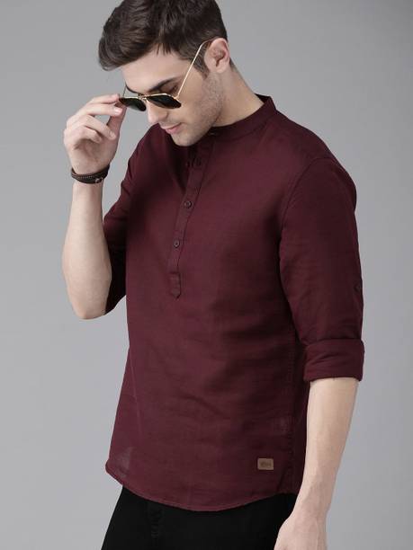 Men Regular Fit Solid Mandarin Collar Casual Shirt Price in India