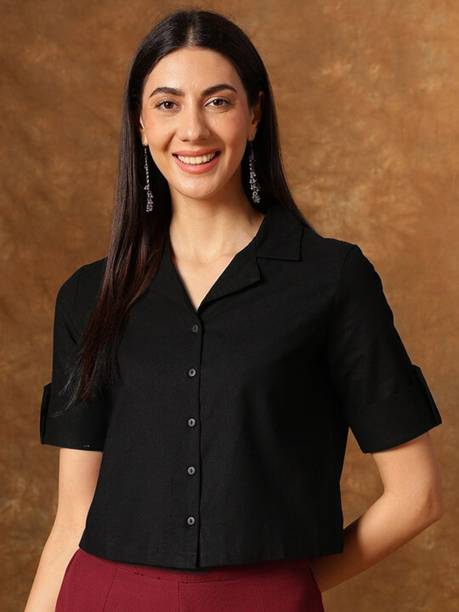 Casual Roll Up Sleeves Solid Women Black Top