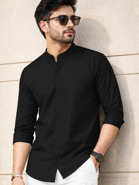 Men Regular Fit Solid Mandarin Collar Casual Shirt