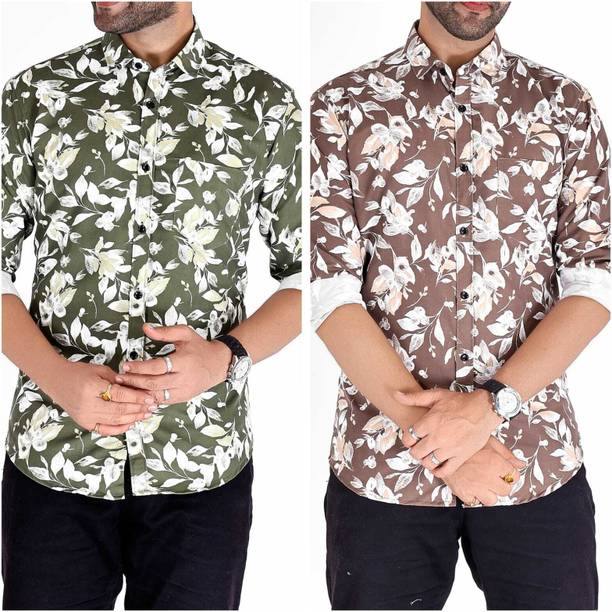 FATTY MOUSE Men Floral Print Casual Green, Brown Shirt