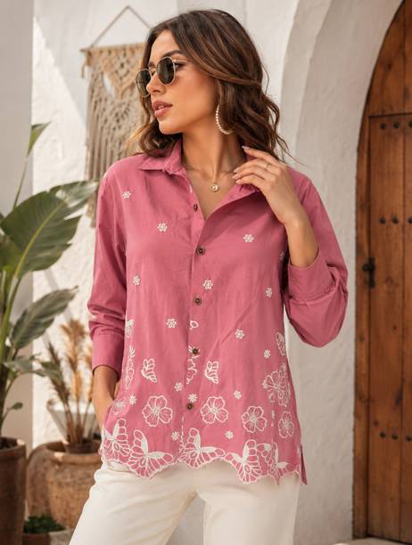 Women Relaxed Fit Fit Embroidered Spread Collar Casual Shirt