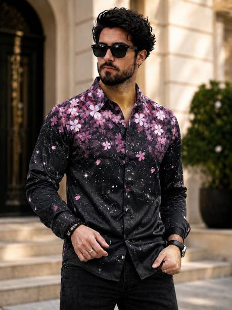 Men Slim Fit Floral Print, Printed Spread Collar Party Shirt