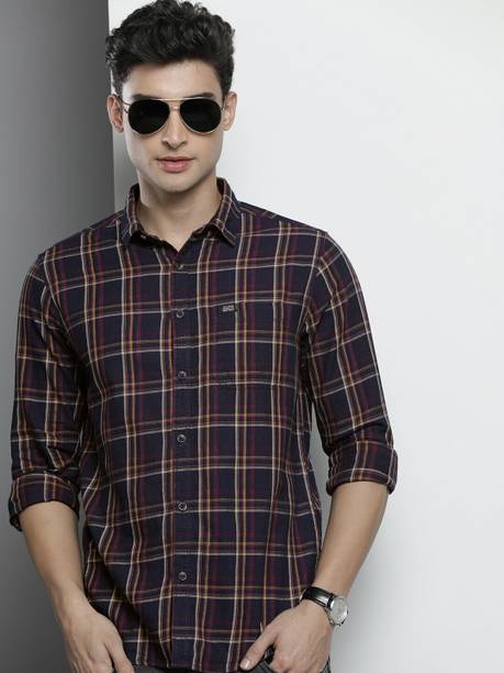 indian garage co men checkered casual blue shirt