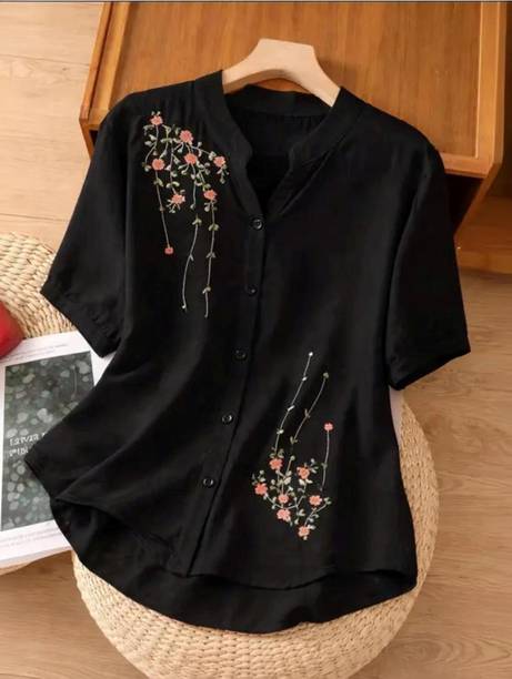 Women Relaxed Fit Embroidered, Floral Print Mandarin Collar Casual Shirt
