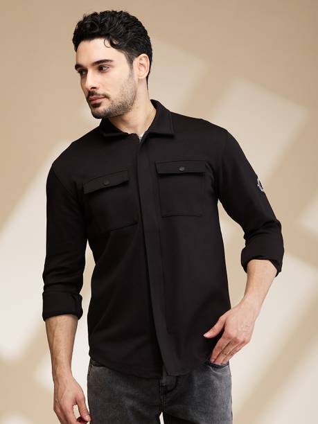 Black Regular Fit Regular Collar Men's Shirt by Being Human Clothing