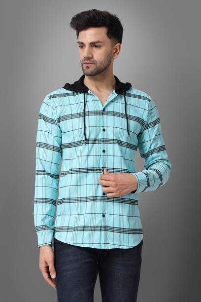 Men Regular Fit Checkered Hood Collar Casual Shirt