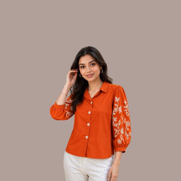 Women Regular Fit Embroidered Spread Collar Party Shirt