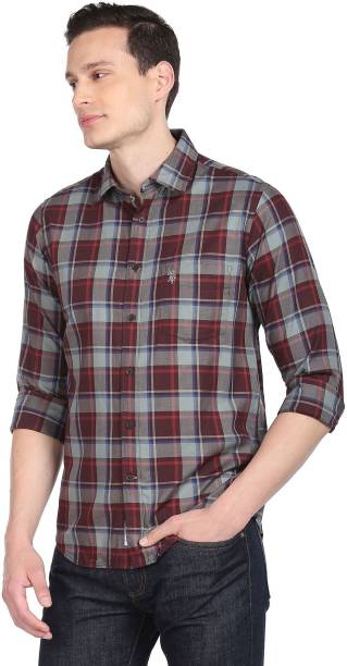 Men Regular Fit Checkered Cut Away Collar Casual Shirt Price in India