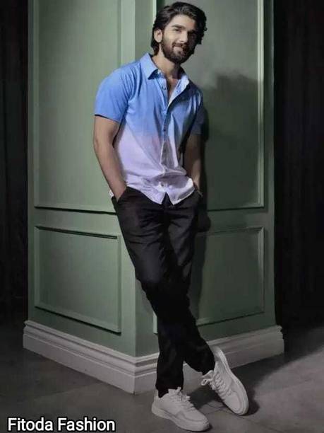 Men's Super Slim Fit Self Design Ribbed Collar Casual Shirt