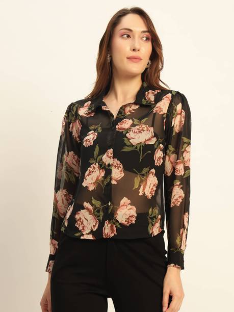 Women Slim Fit Animal Print Spread Collar Party Shirt