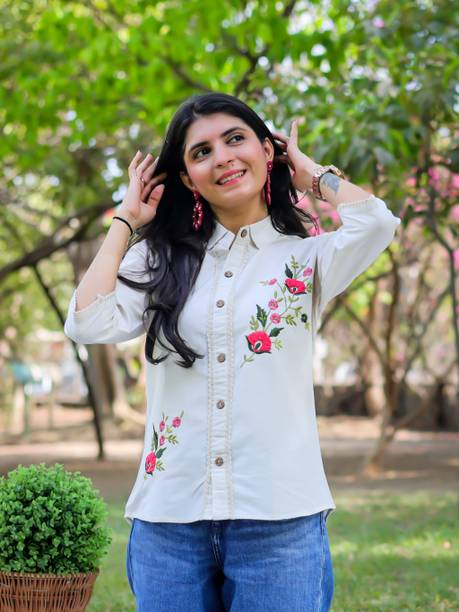 Women Regular Fit Embroidered, Solid Spread Collar Party Shirt