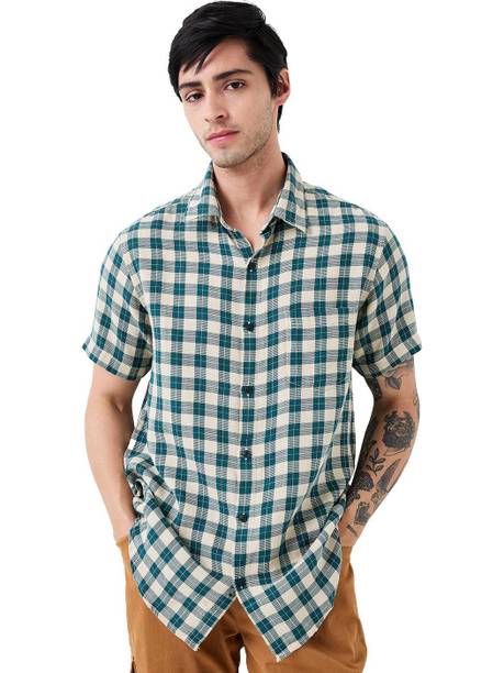 spykar men checkered casual green shirt