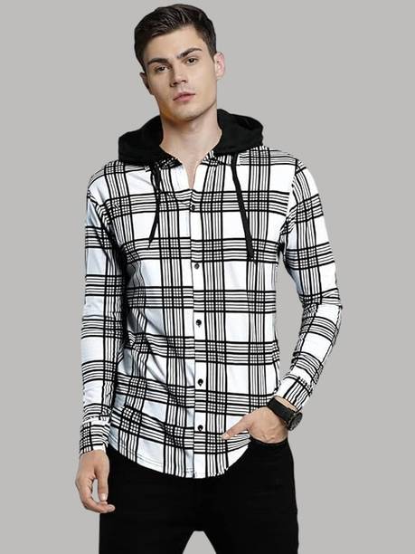 Men Regular Fit Checkered Hood Collar Casual Shirt