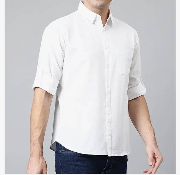 Men Regular Fit Solid Curved Collar Casual Shirt