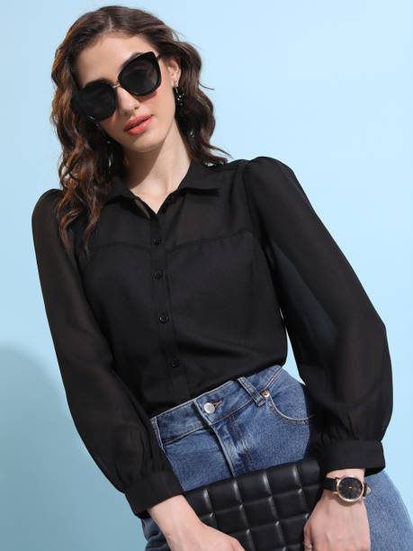 Women Regular Fit Solid Cut Away Collar Casual Shirt