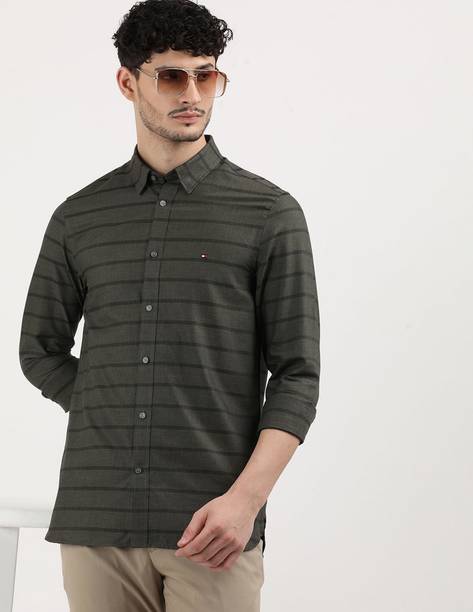 tommy hilfiger men striped casual green shirt