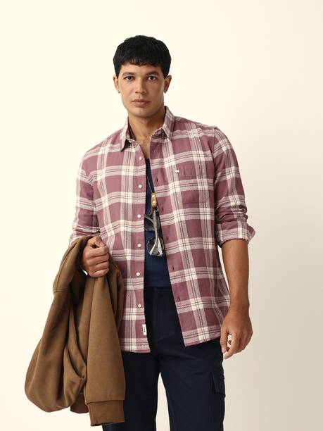 bear house men checkered casual purple beige shirt