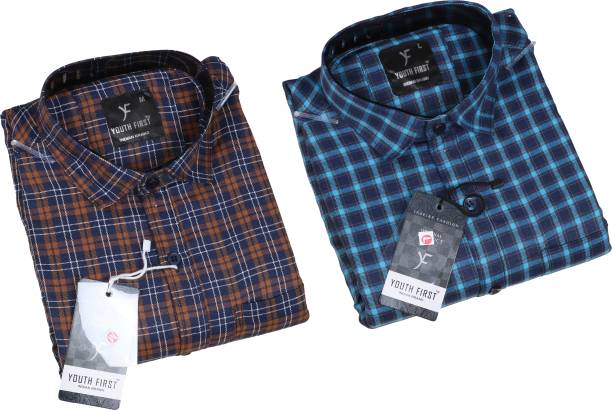 Men Regular Fit Checkered Spread Collar Casual Shirt Price in India