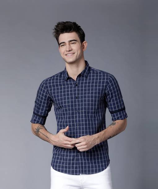HIGHLANDER Men Slim Fit Checkered Slim Collar Casual Shirt