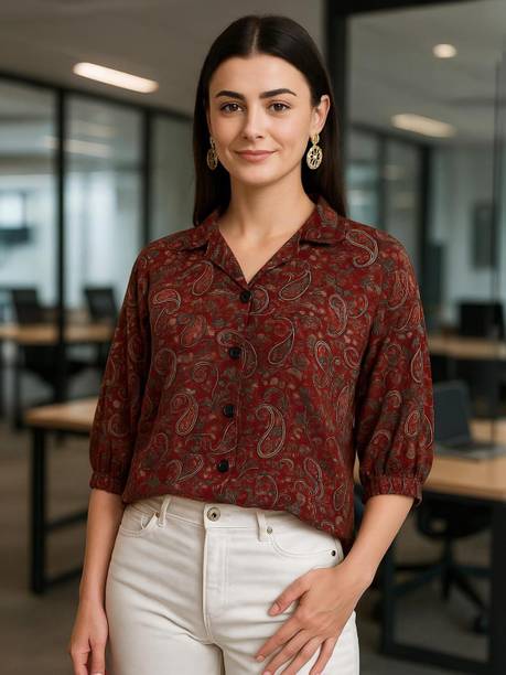 Women Boxy Fit Floral Print Lapel Collar Casual Shirt
