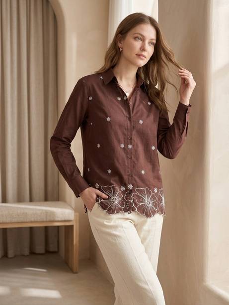Women Relaxed Fit Fit Solid, Embroidered Spread Collar Casual Shirt