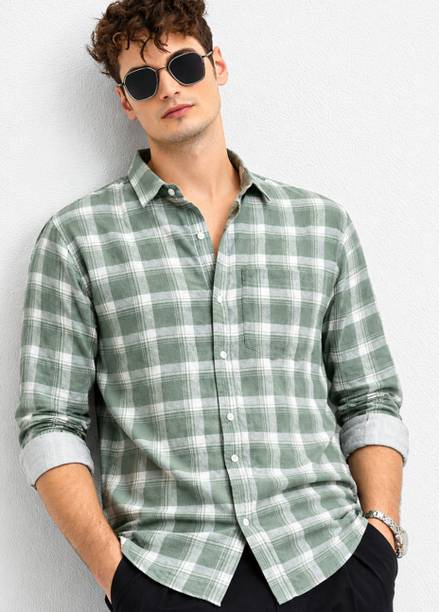Men Slim Fit Checkered Mandarin Collar Casual Shirt