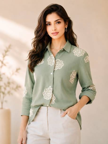 Women Relaxed Fit Fit Embroidered Ribbed Collar Casual Shirt